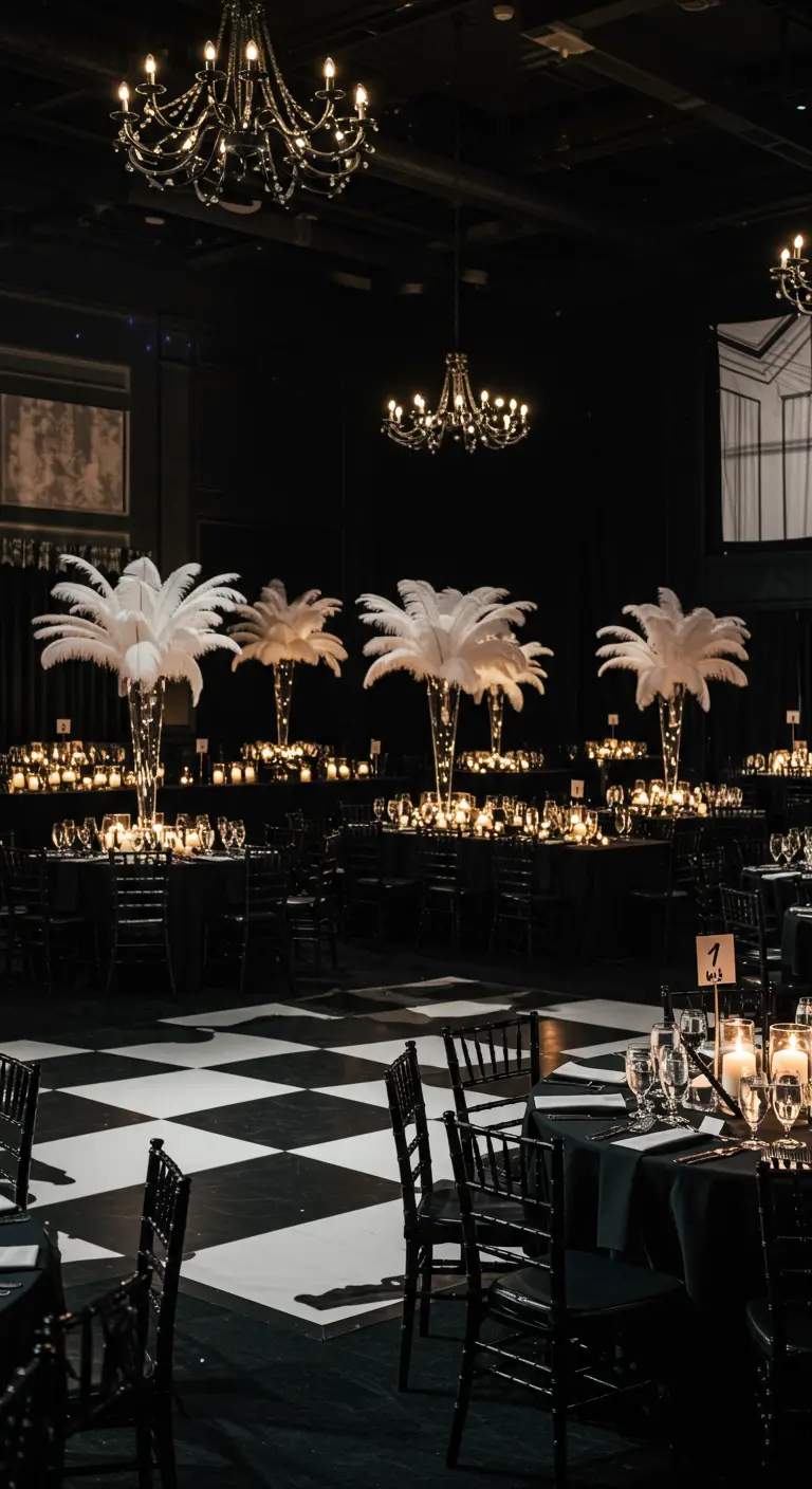 Une salle de bal élégante en noir et blanc avec des centres de table en plumes.