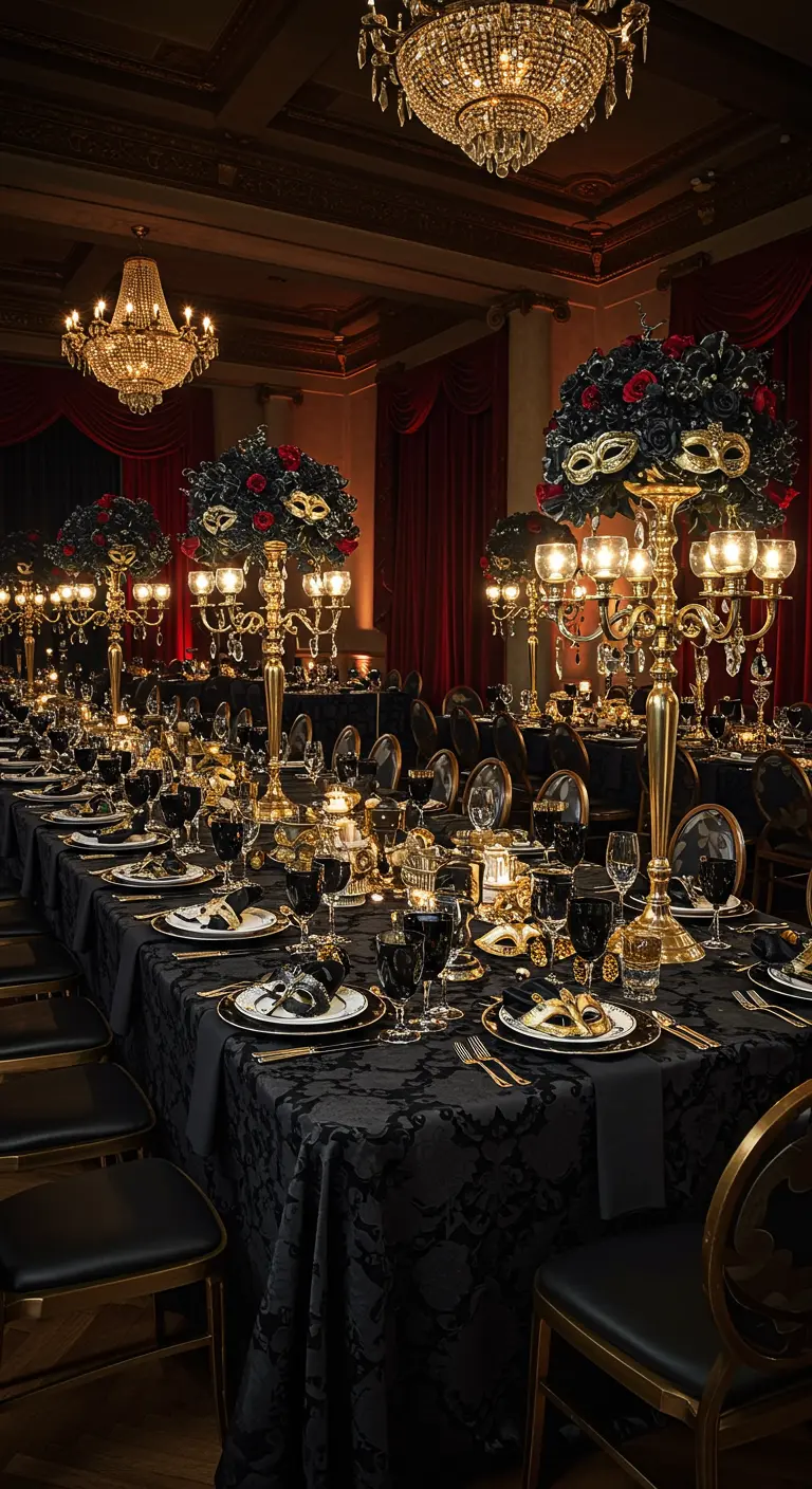 Table de bal masqué, chandeliers dorés et masques noirs sur les assiettes.