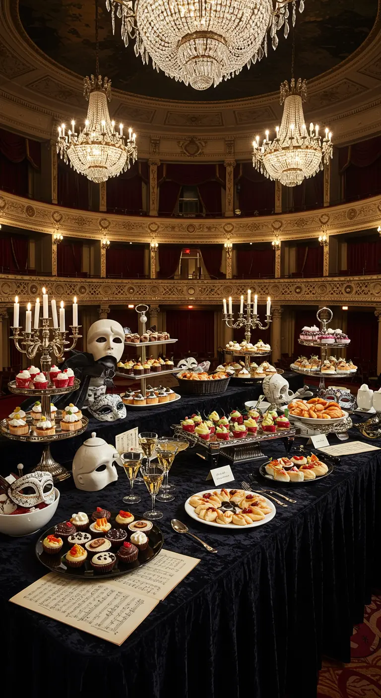 Buffet Halloween thème bal masqué, ambiance opéra, masques vénitiens et velours bleu nuit.