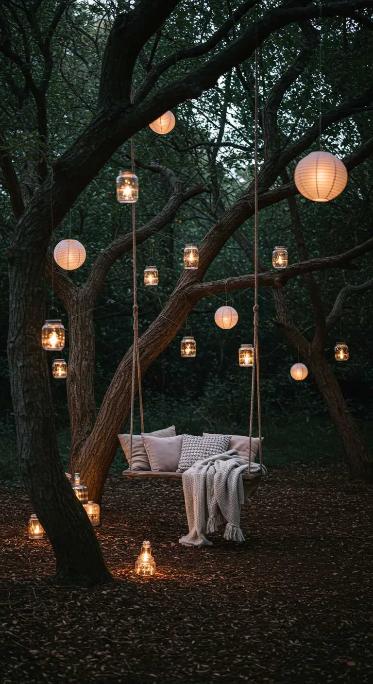 Balançoire en bois suspendue dans un bois, entourée de lampions et bocaux lumineux.