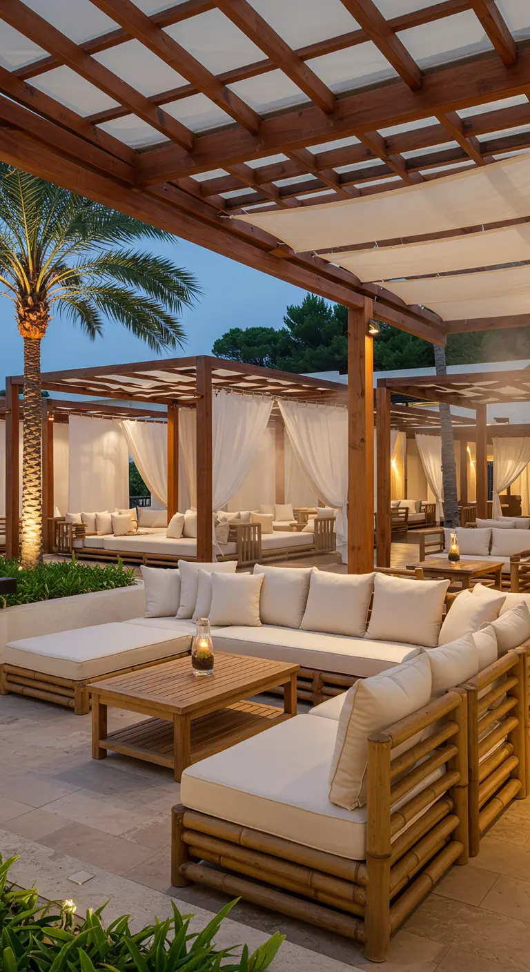 Balcon coloré avec banquettes en bambou, coussins ethniques, baldaquin en tissus multicolores et pots peints.