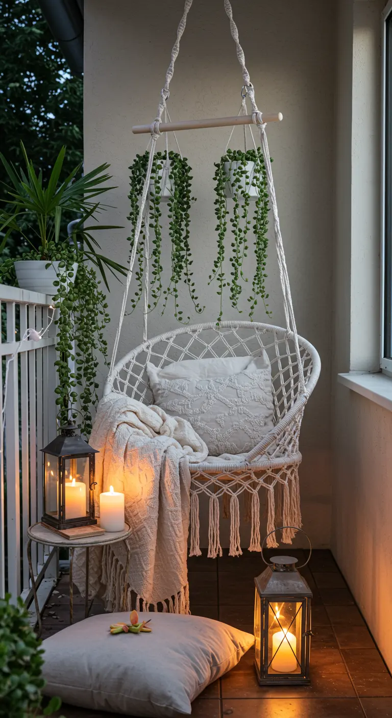 Petit balcon cosy avec chaise suspendue macramé, plantes retombantes et lanternes à bougies.