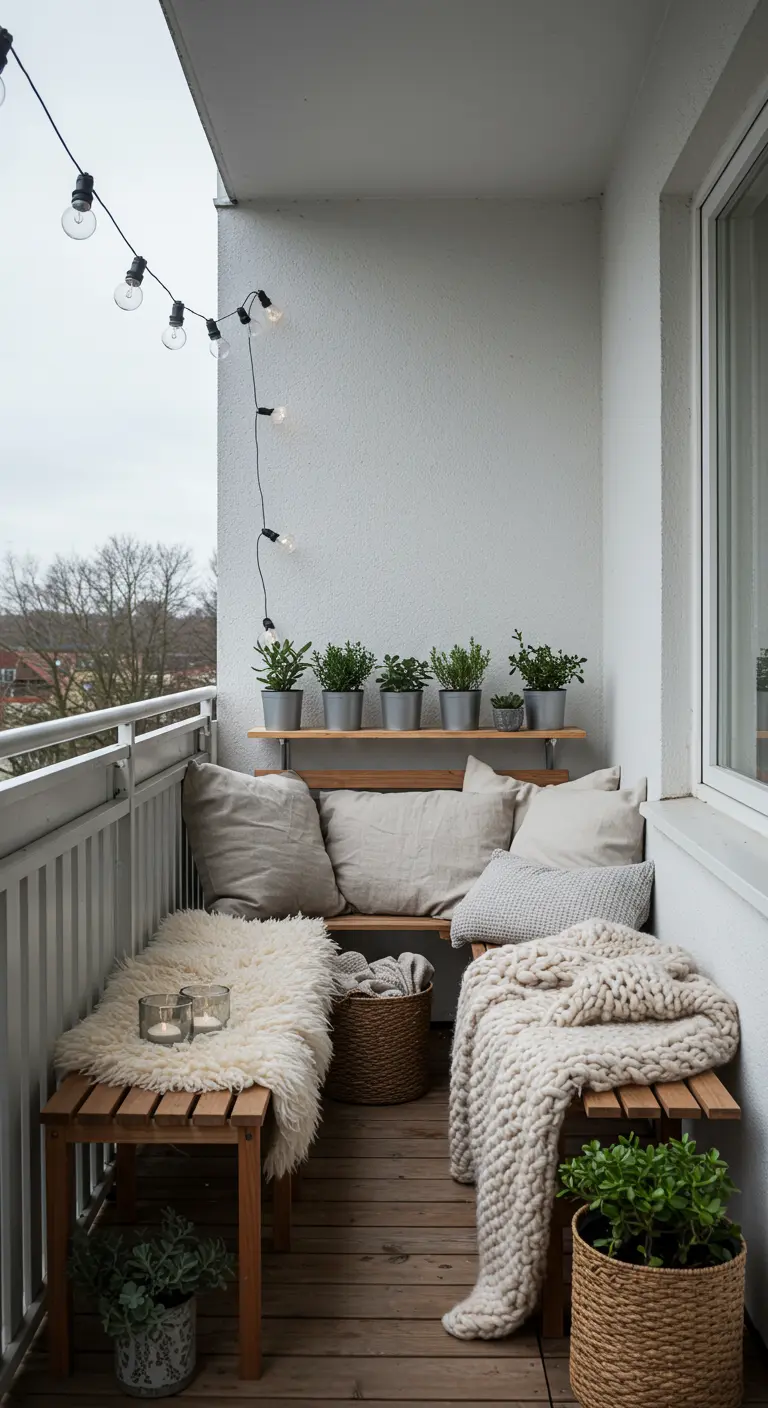 Balcon cosy d'hiver avec bancs en bois, plaids, peaux de mouton, plantes et bougies.