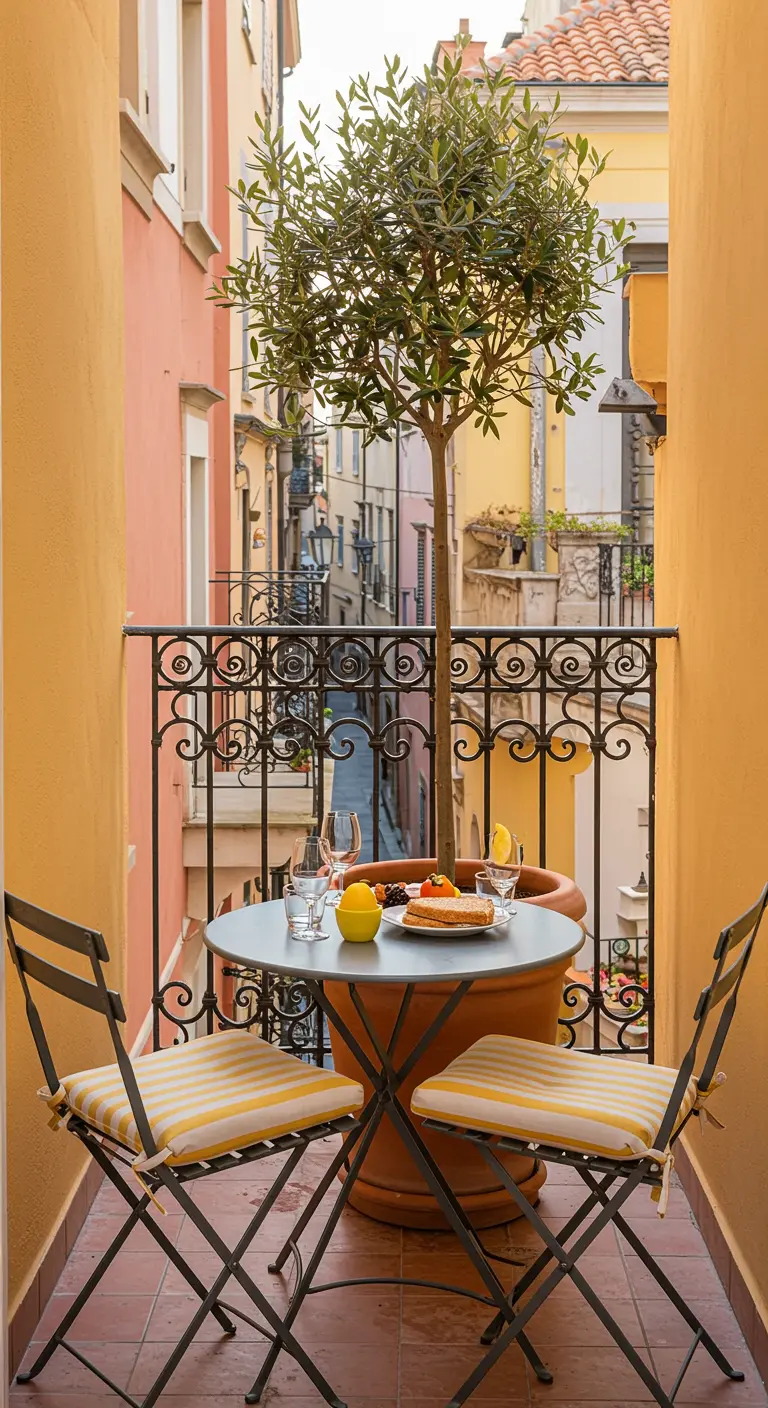 Petit balcon urbain avec une table de bistrot et un olivier en pot.