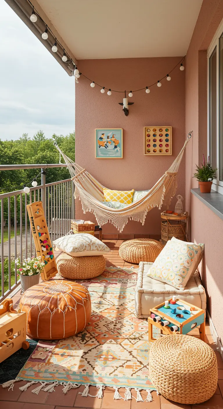 Balcon familial avec hamac rayé, poufs colorés, coussins moelleux et jeux de société.