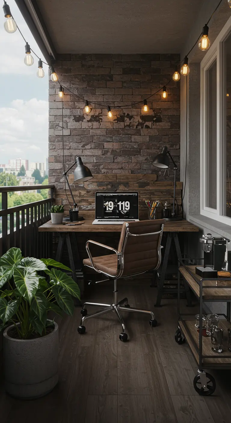 Bureau industriel chic sur balcon avec mur de briques, mobilier en bois et cuir, guirlande lumineuse.