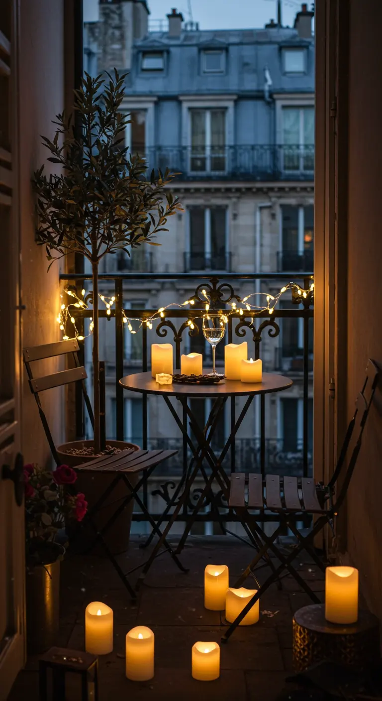Petit balcon éclairé la nuit par des bougies LED et une guirlande lumineuse sur la balustrade.