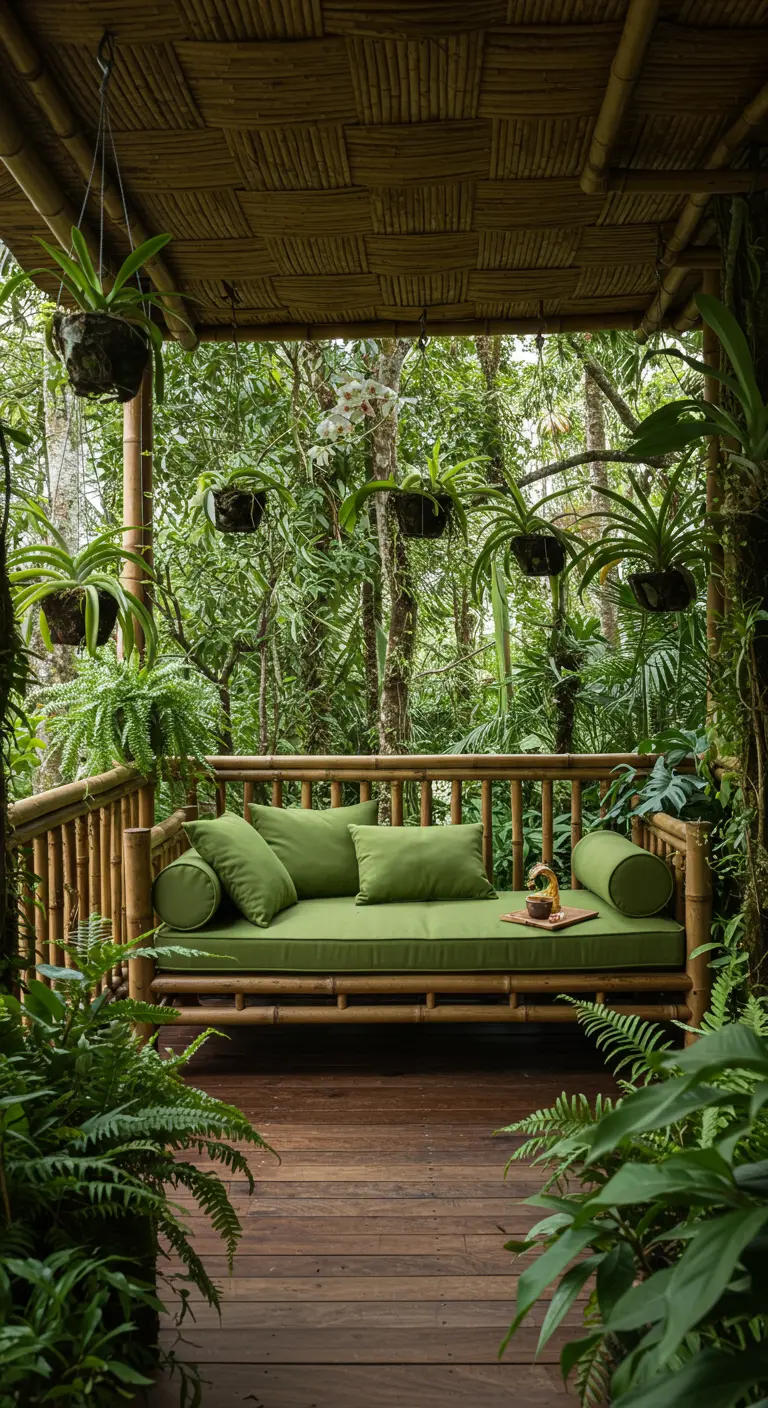 Canapé en bambou vert sous un auvent de bambou et des plantes suspendues, dans une ambiance de jungle.