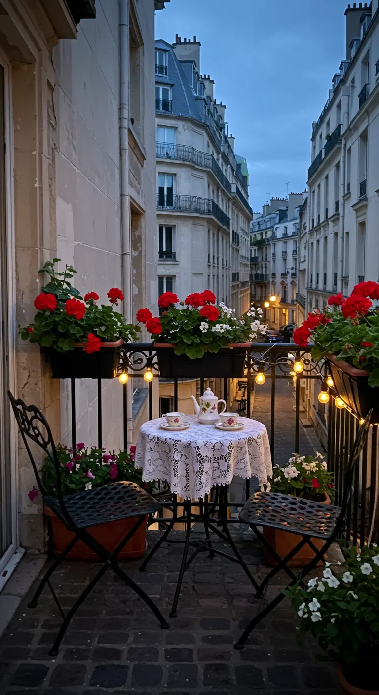 Bistro set en fer forgé sur un balcon parisien avec des géraniums rouges et guirlandes lumineuses.