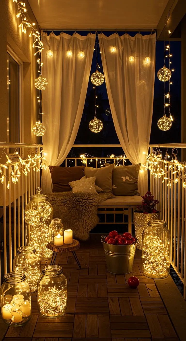 Balcon de nuit inondé de guirlandes lumineuses et de bocaux remplis de lumières.