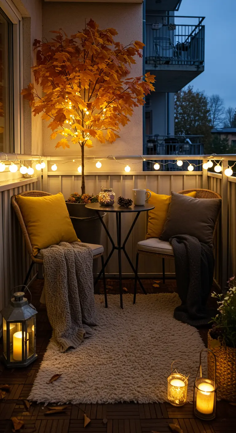 Petit balcon avec arbre lumineux, tapis doux, chaises et table bistro, décor automnal.