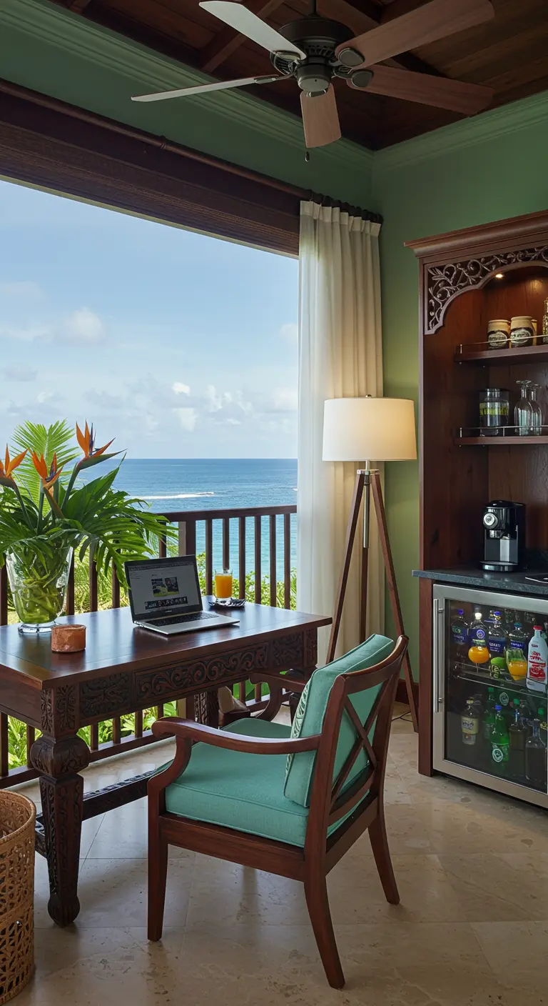 Bureau tropical sur balcon avec vue mer, mobilier sculpté, plantes exotiques et mini-bar.