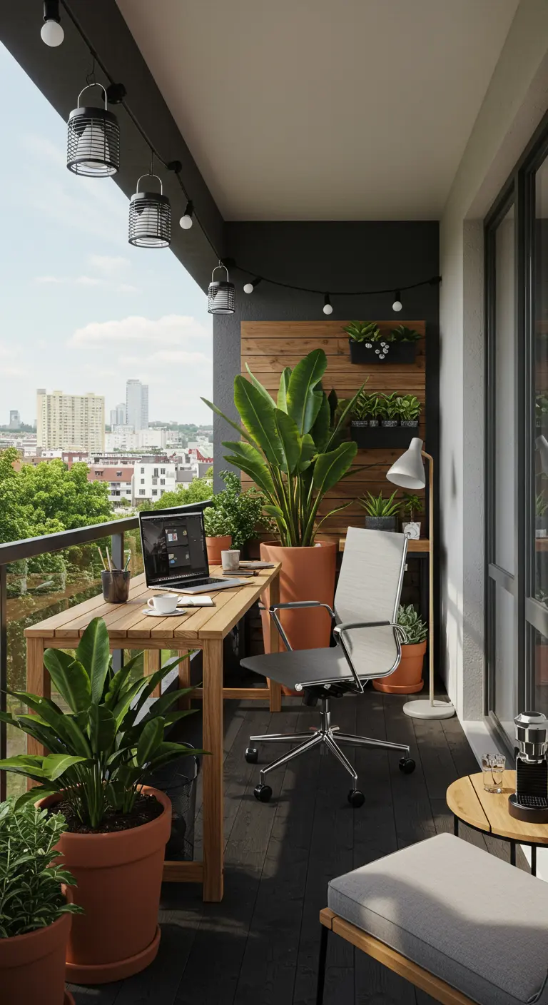 Bureau d'extérieur sur balcon urbain, avec plantes exotiques, mobilier en bois et guirlandes lumineuses.