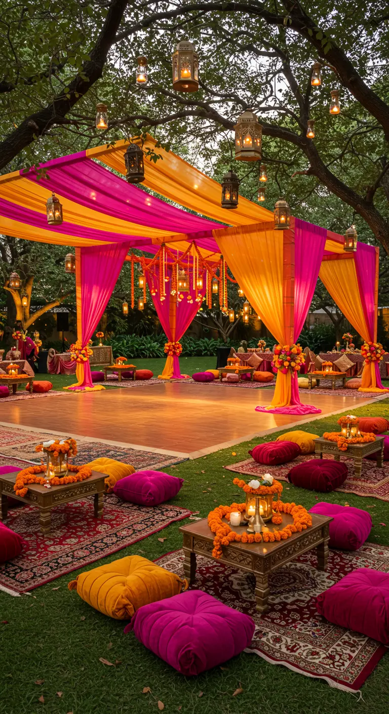 Réception en plein air avec baldaquin fuchsia et orange, et coussins au sol.