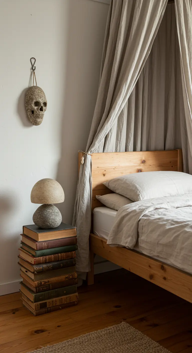 Voilage de lin suspendu au-dessus d'un lit en bois, créant un effet baldaquin léger.