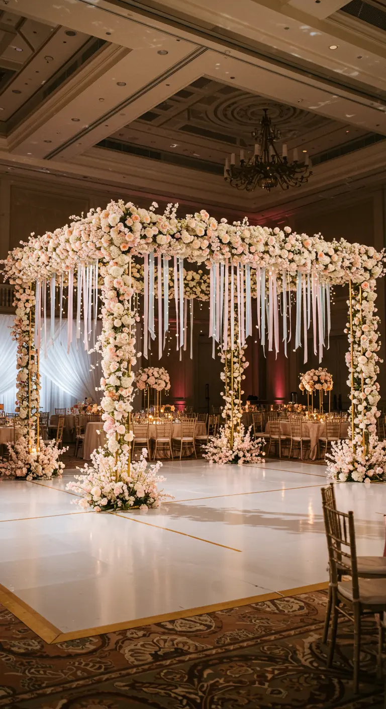 Grande structure de mariage carrée couverte de fleurs roses avec des rubans suspendus.