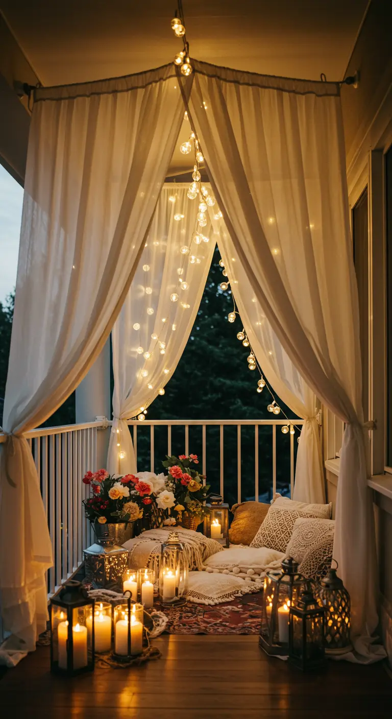 Coin détente sur un balcon avec des rideaux blancs formant un baldaquin et des guirlandes.
