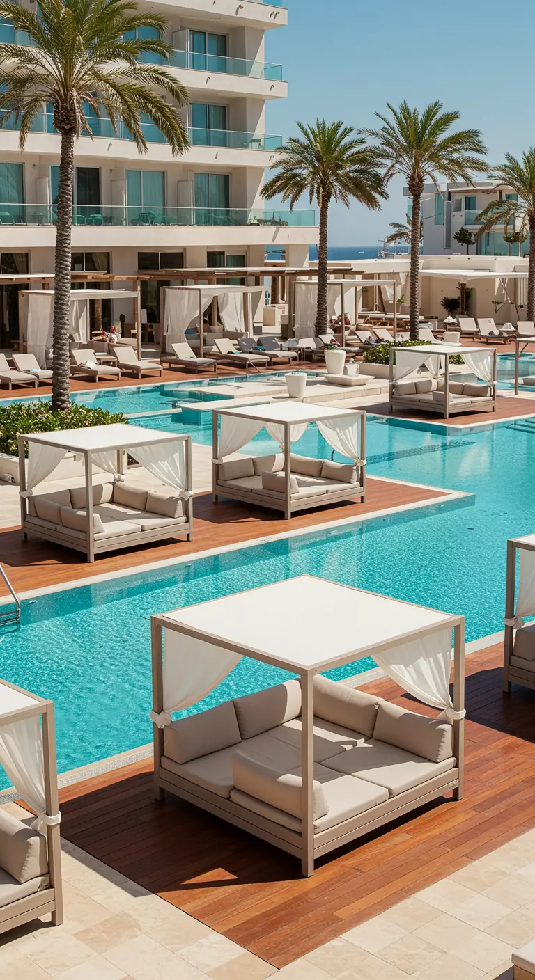 De nombreux lits de jour à baldaquin blancs disposés autour de piscines de complexe hôtelier, sous des palmiers.