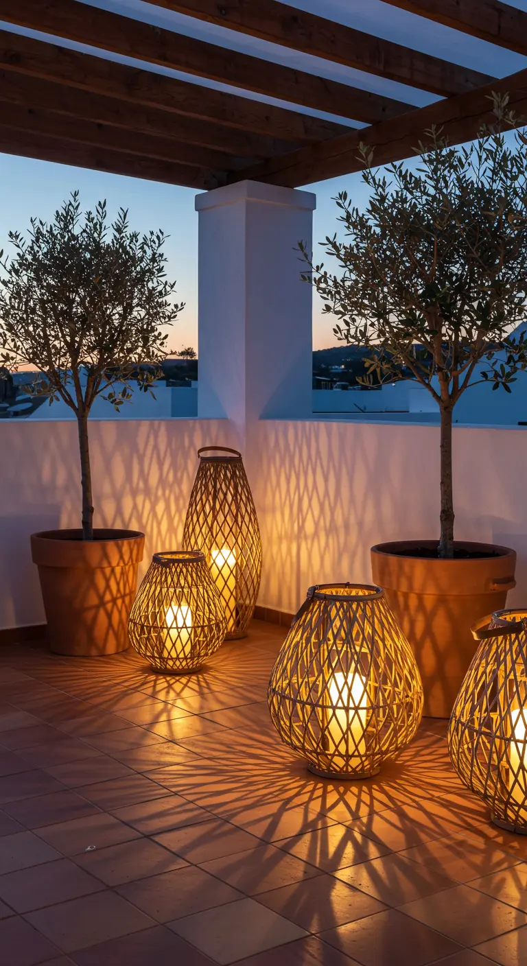 Groupe de lanternes en rotin de différentes tailles posées sur le sol d'une terrasse.