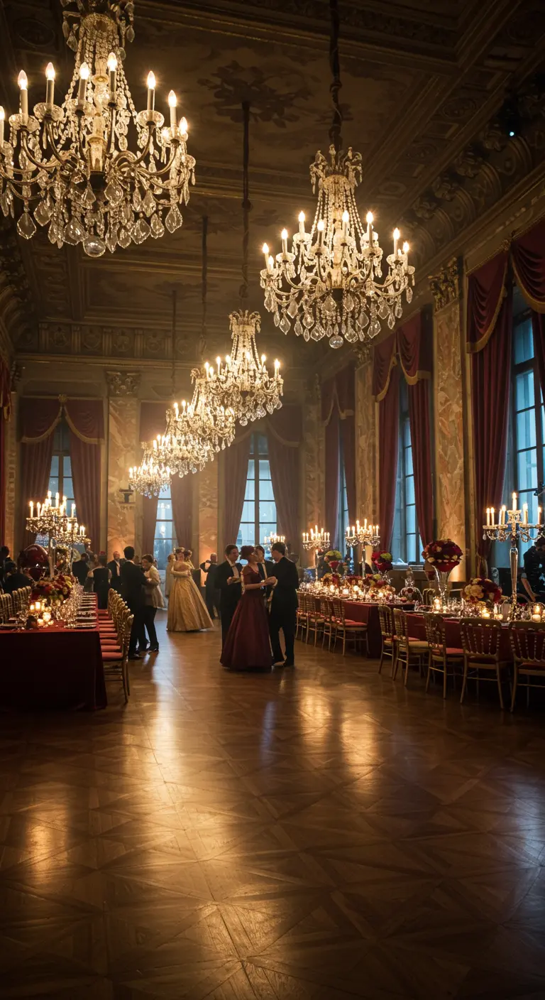 Grande salle de bal baroque éclairée par une rangée de lustres en cristal opulents.
