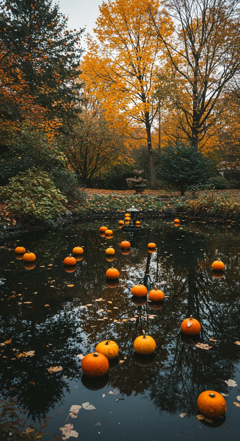 Des citrouilles orange flottant à la surface d'un étang sombre.