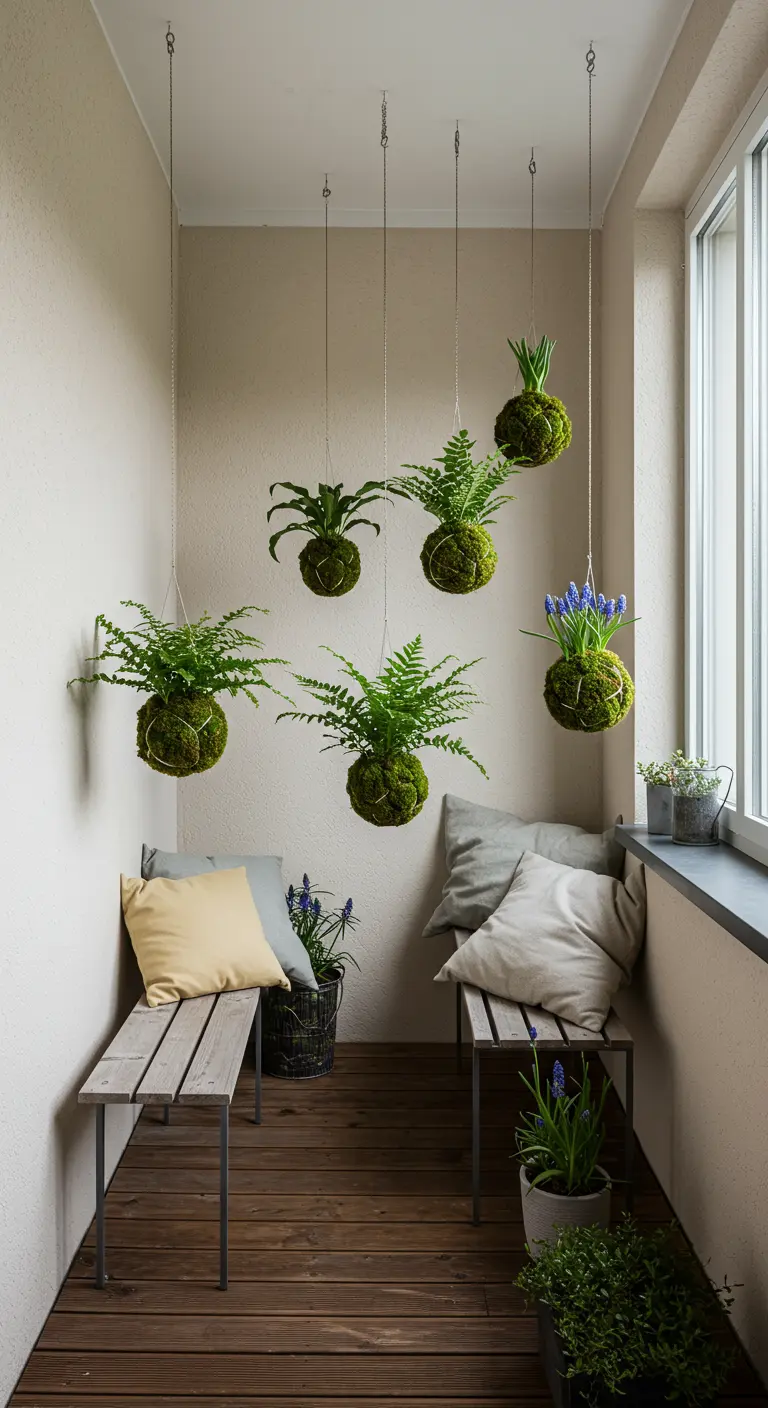 Kokedamas de fougères et de muscaris suspendus à différentes hauteurs sur un balcon.