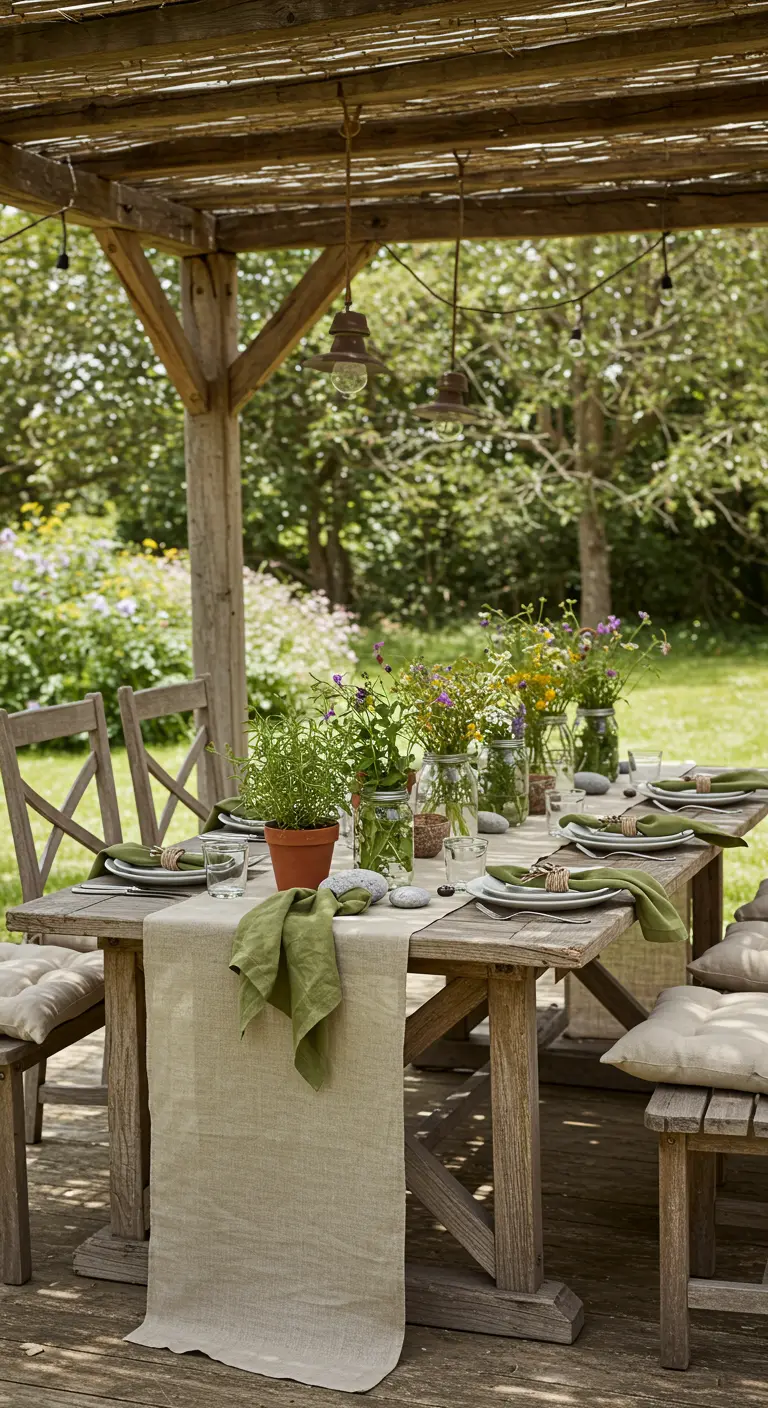 Table rustique en bois dans un jardin avec des fleurs sauvages en pots et des serviettes vertes.