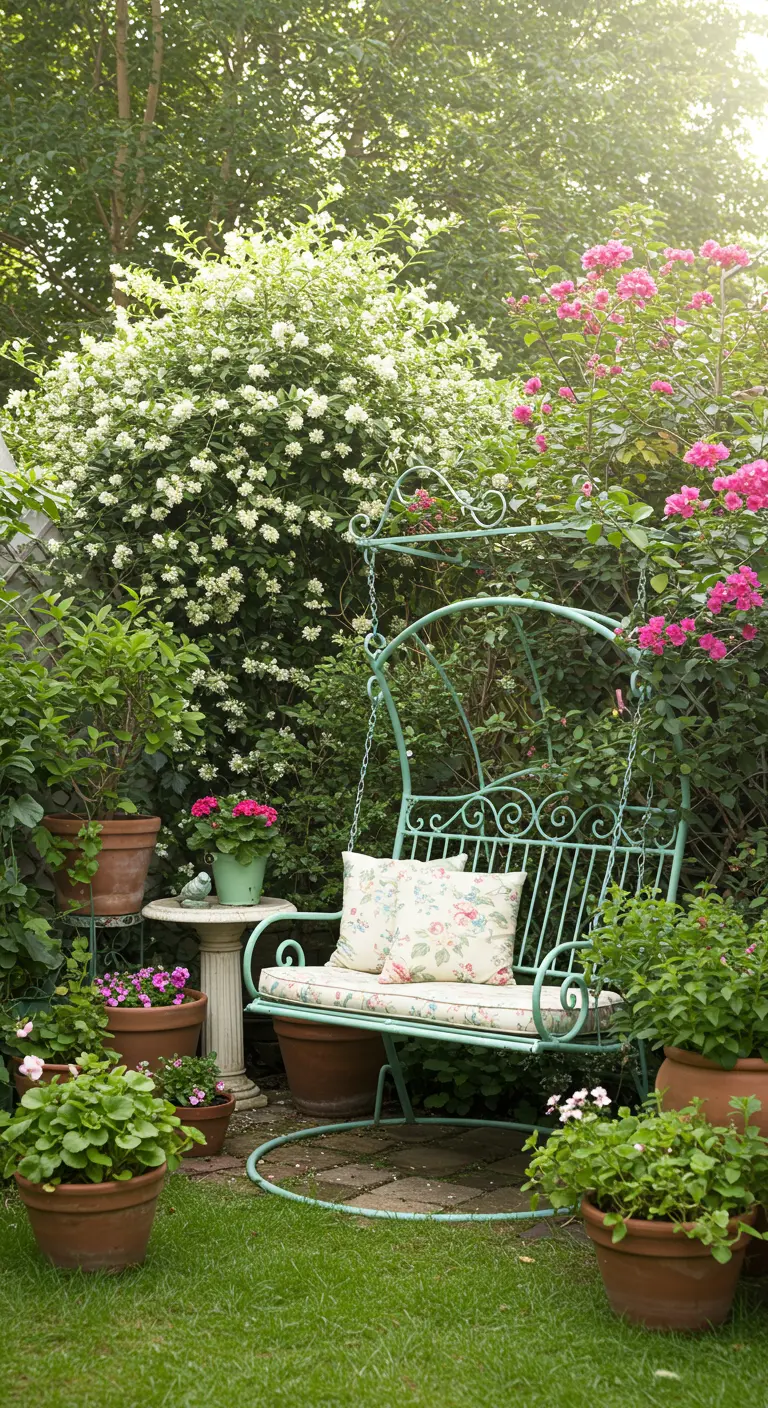Banc balançoire en métal vert dans un jardin romantique avec de nombreuses fleurs en pot.