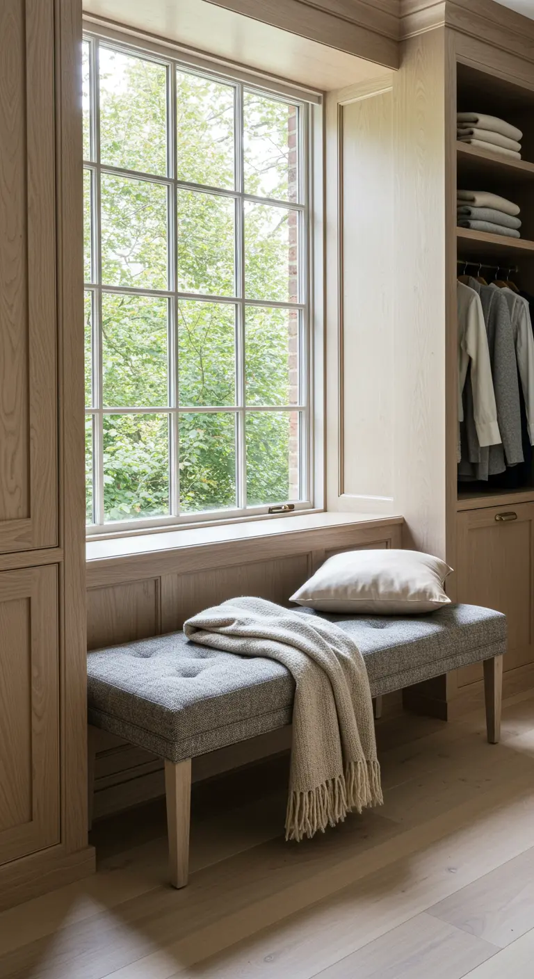 Banquette en tissu gris avec plaid dans un dressing en bois clair.