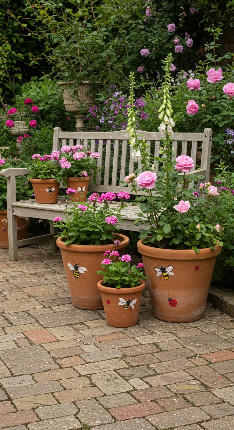 Pots en terre cuite peints avec des abeilles, remplis de fleurs roses.