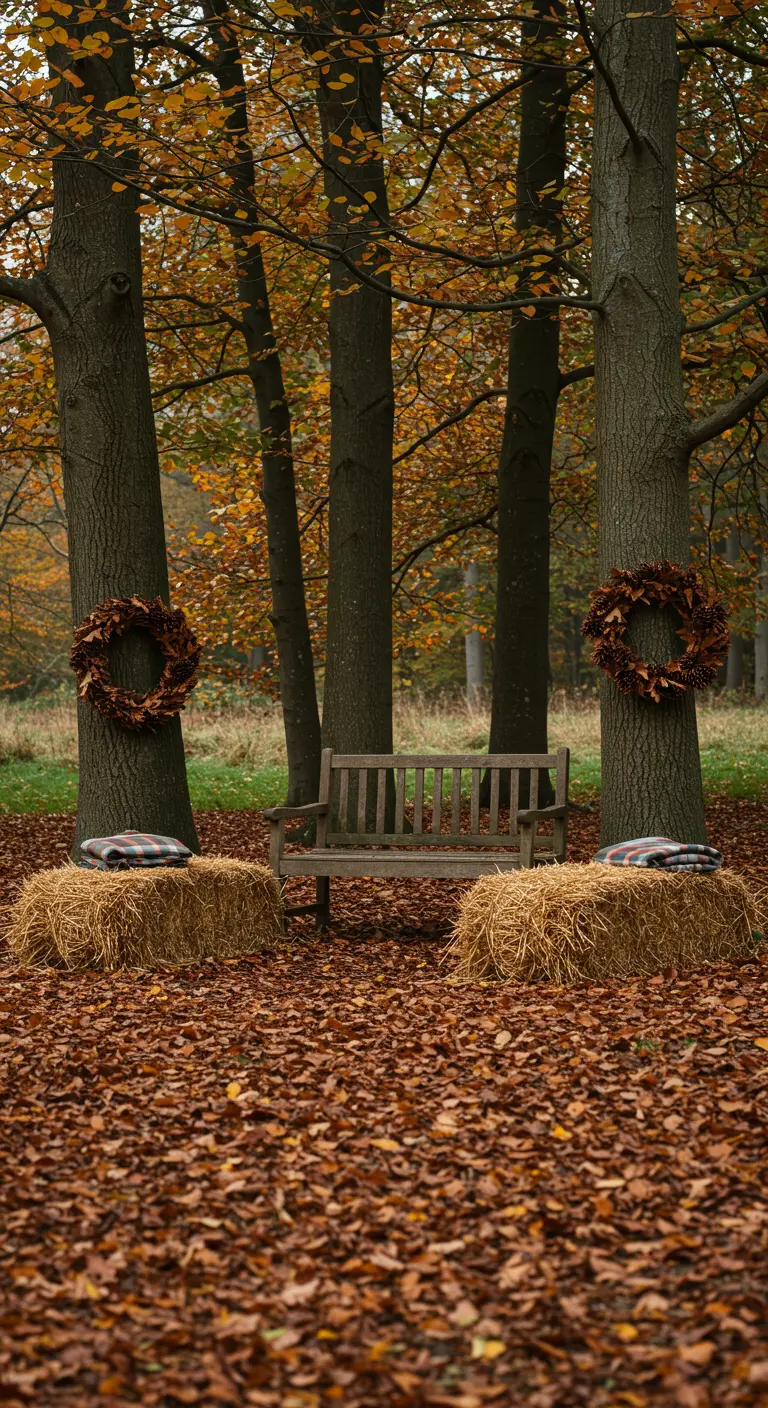 Banc en bois dans une forêt de feuilles rousses, entouré de bottes de paille et de couronnes sur les arbres.