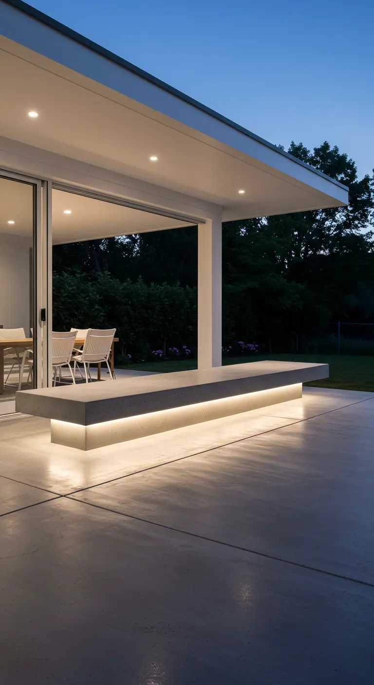 Banc en béton sur une terrasse moderne, éclairé par une bande LED dissimulée en dessous.