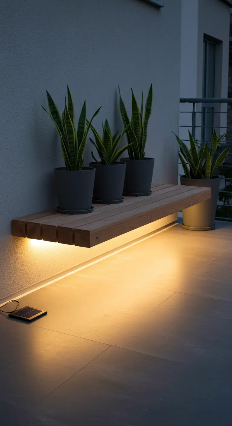 Banc en bois fixé au mur, avec une lumière chaude provenant du dessous.