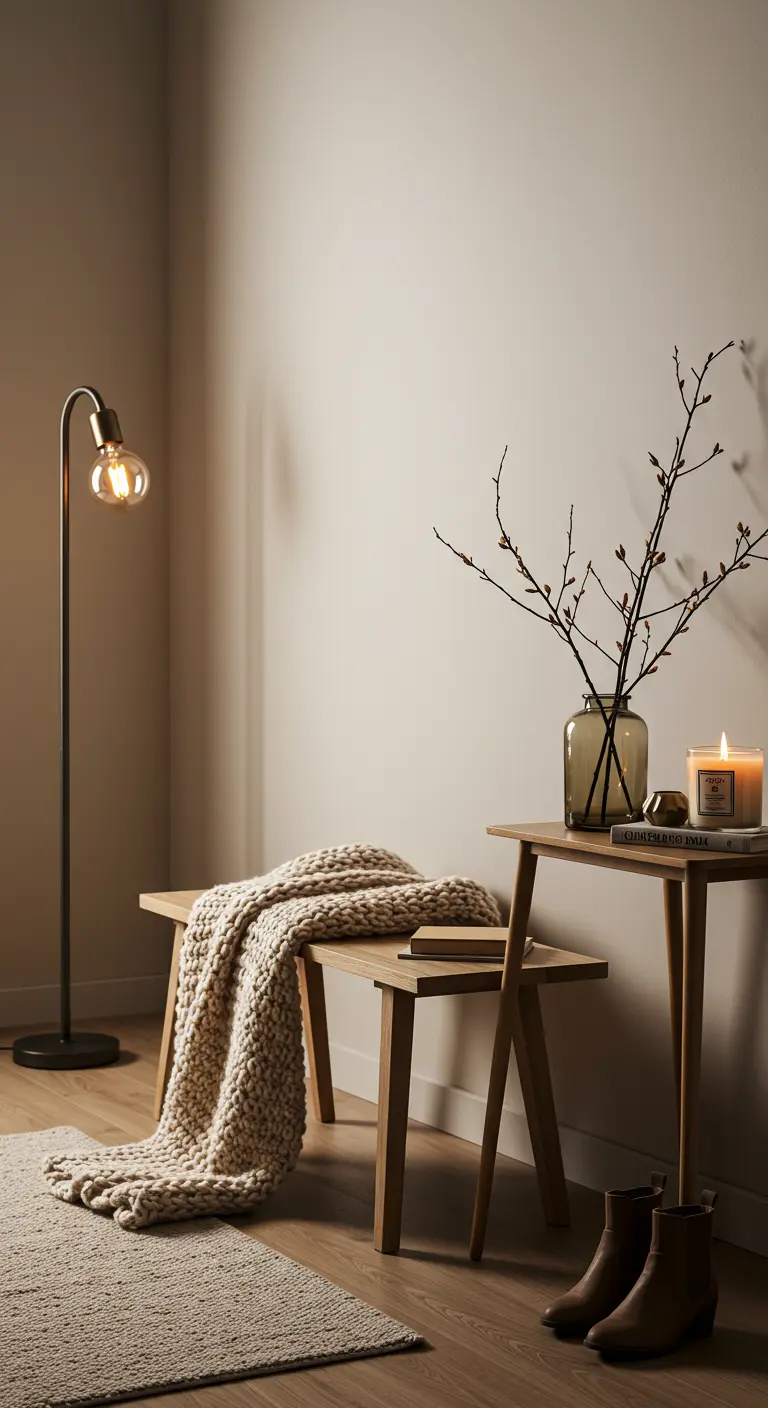 Banc en bois avec plaid, vase de branches, bougie et lampe sur pied