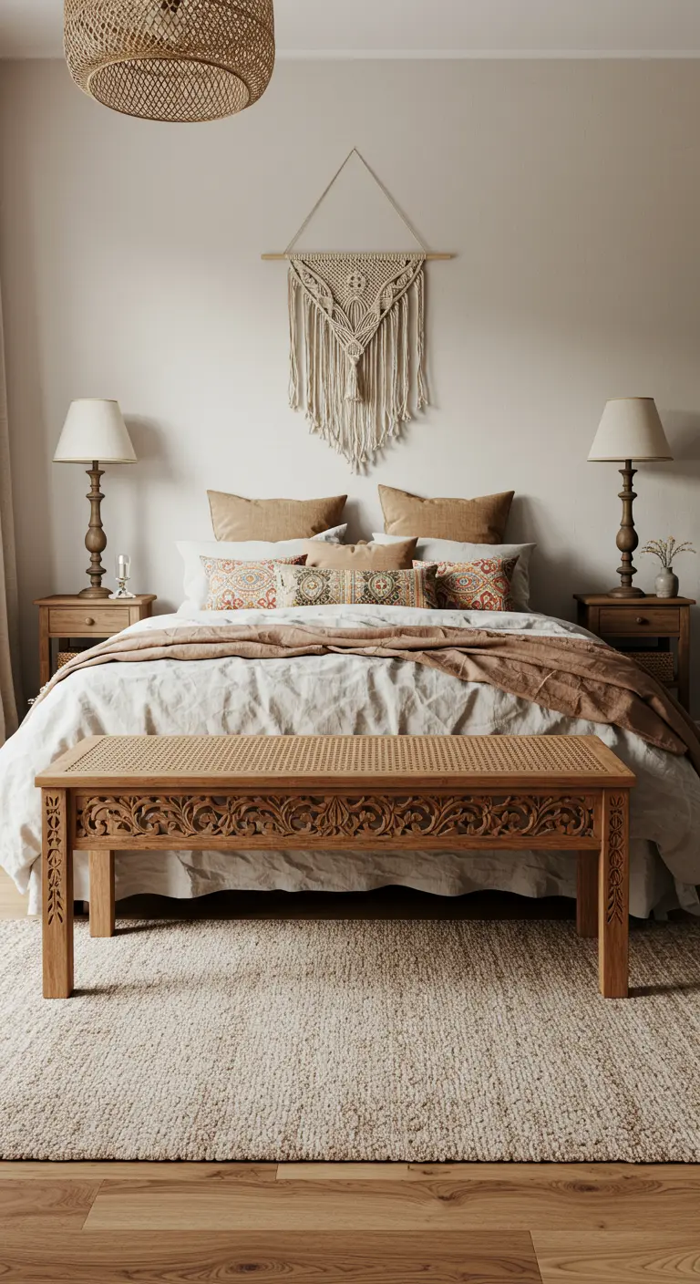 Chambre avec banc en bois sculpté en bout de lit, macramé mural et tapis aux motifs subtils.