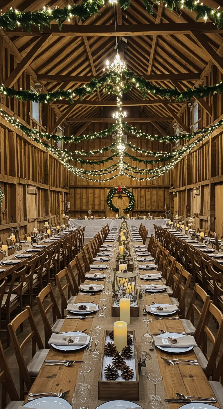 Longue table de banquet dans une grange en bois, décorée de bougies et de guirlandes.
