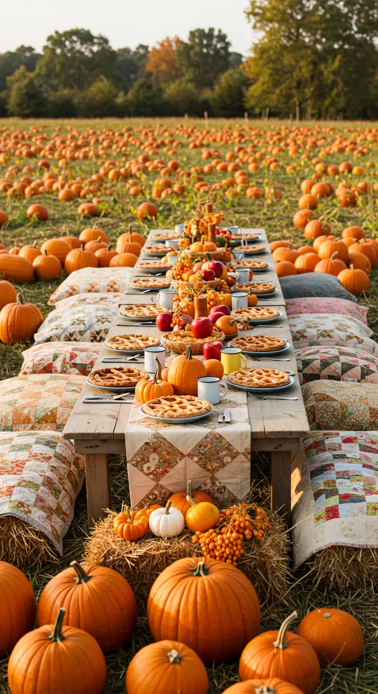 Pique-nique dans un champ de citrouilles, avec une table basse, des coussins et des tartes.