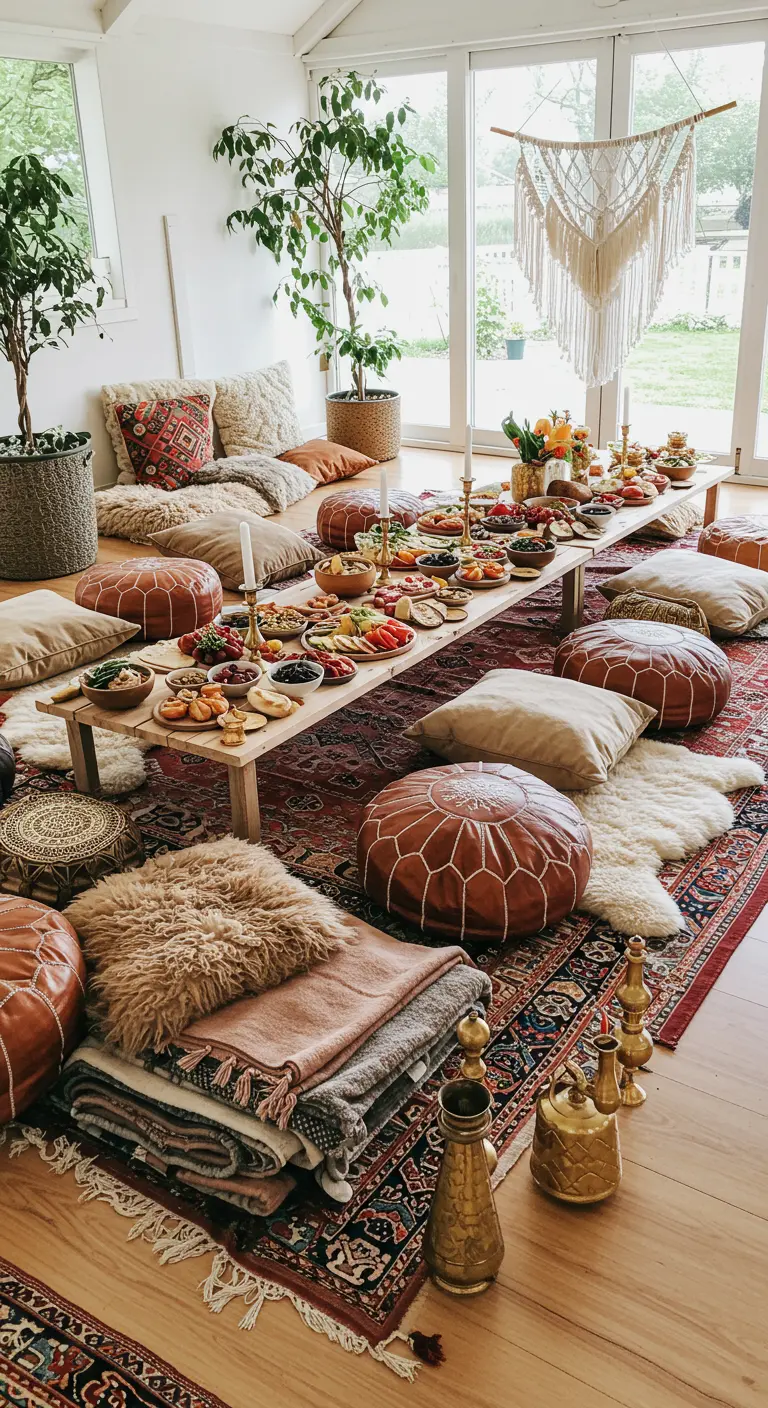 Longue table basse dressée au sol sur des tapis, entourée de poufs et de coussins.