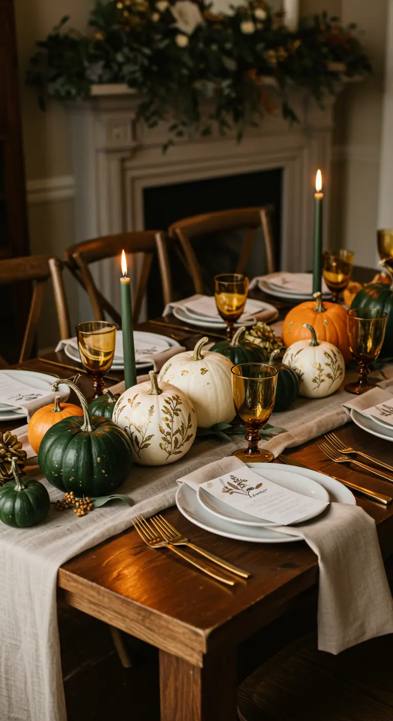 Table de dîner rustique avec des citrouilles blanches et vertes décorées de motifs de feuilles dorées.