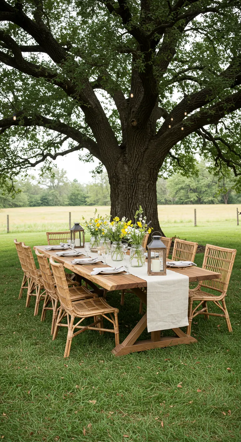 Grande table en bois dressée pour un repas dans un champ, sous un chêne majestueux.