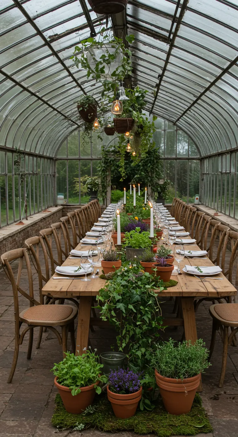Longue table de banquet dressée dans une serre en verre, avec une décoration très végétale.