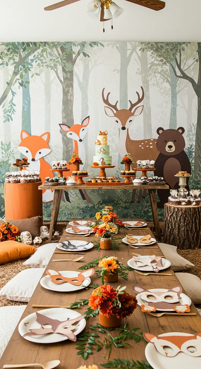 Fête sur le thème des animaux de la forêt avec masques et grande fresque murale.