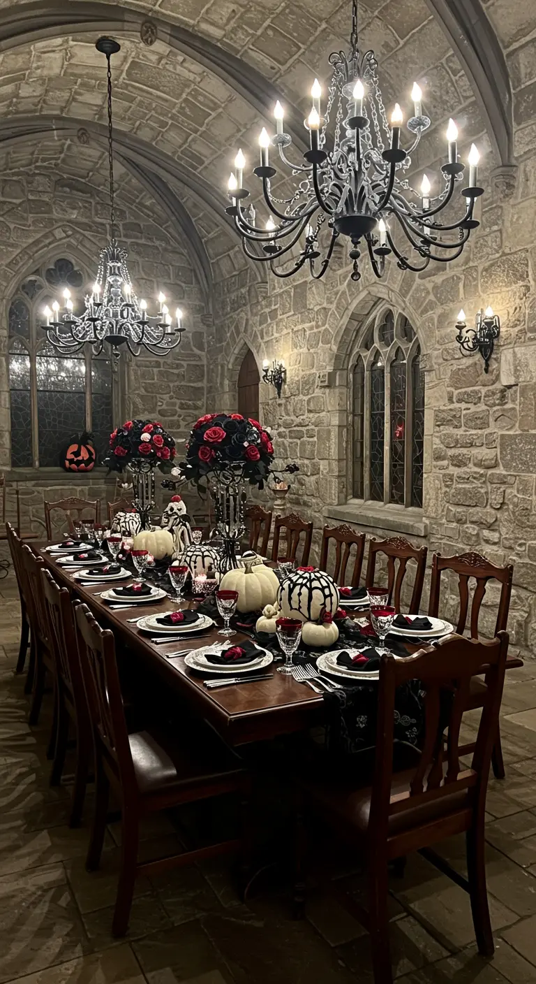 Table de banquet d'Halloween gothique avec chandeliers et citrouilles blanches.