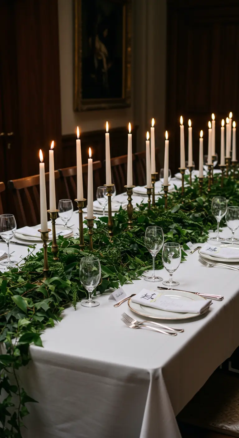 Table de fête élégante avec nappe blanche, lierre et hauts chandeliers en laiton.