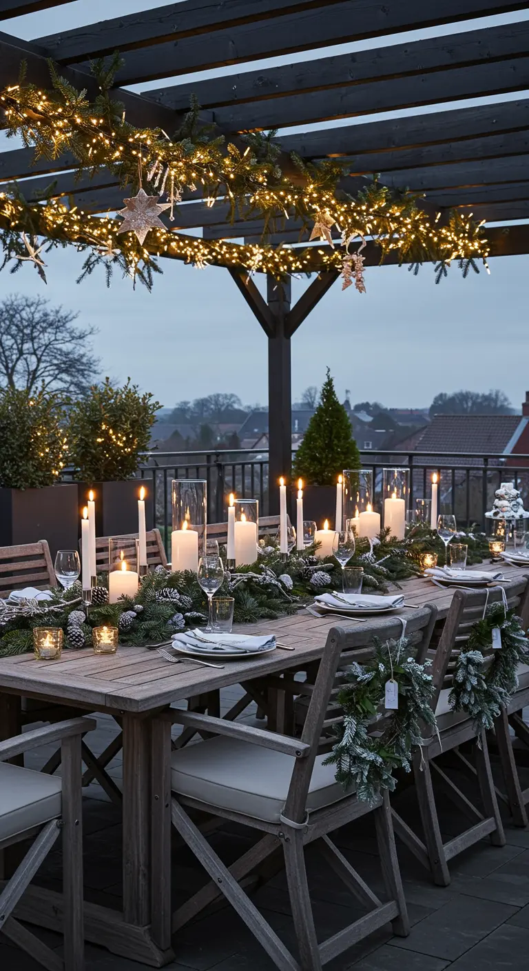 Grande table de repas extérieure sous une pergola illuminée, décorée avec guirlandes et bougies.