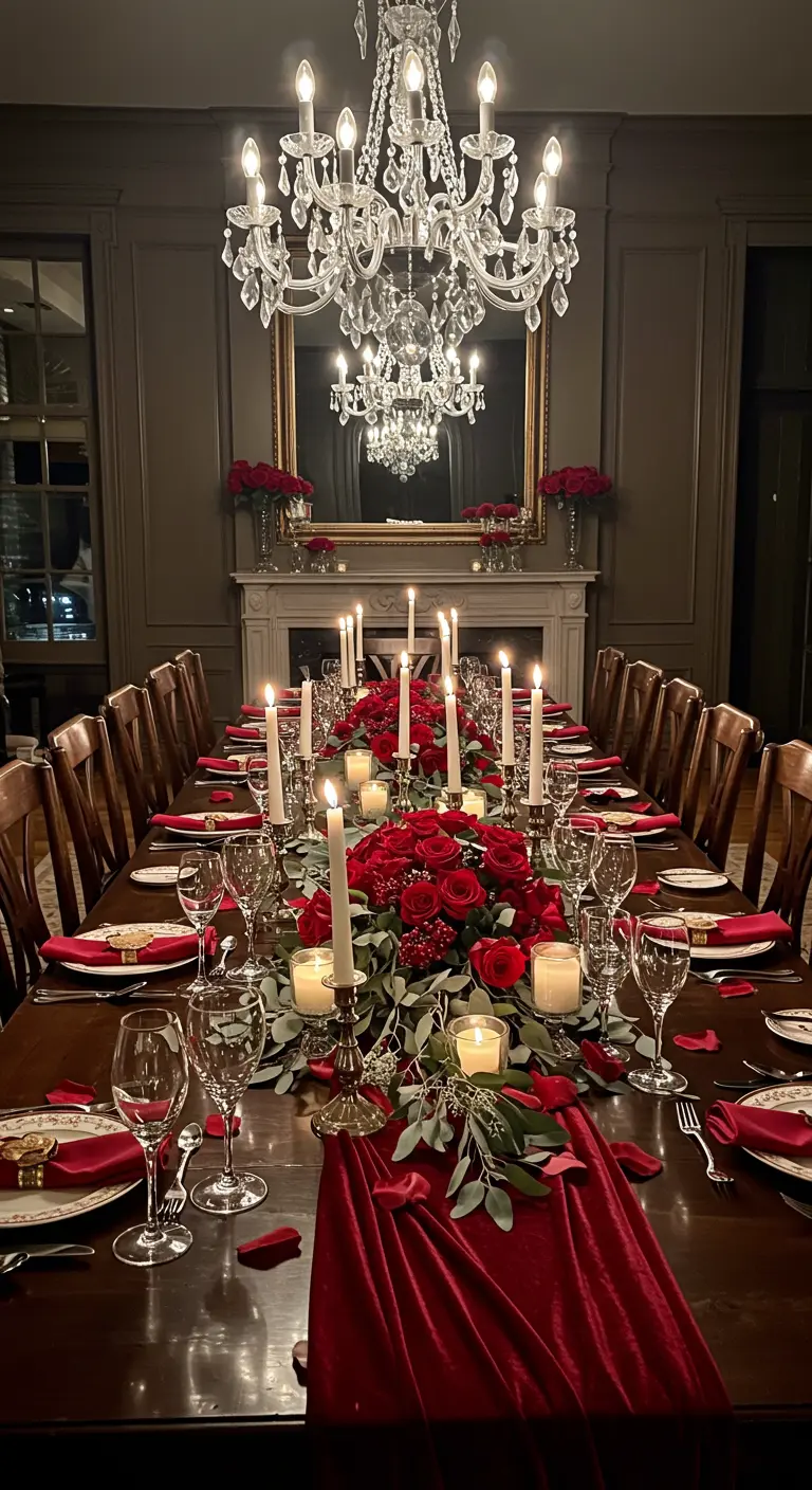 Table de dîner luxueuse avec chemin de table de roses rouges, eucalyptus et bougies.
