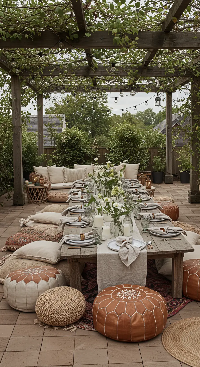 Grande table de repas basse sur une terrasse, entourée de poufs et de coussins.