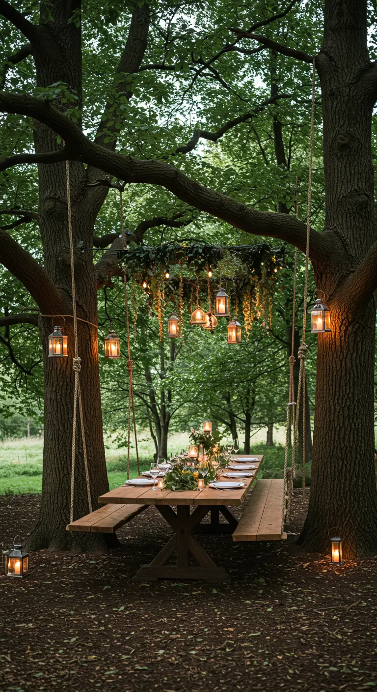 Table de pique-nique en bois installée entre deux arbres, avec des lanternes suspendues.
