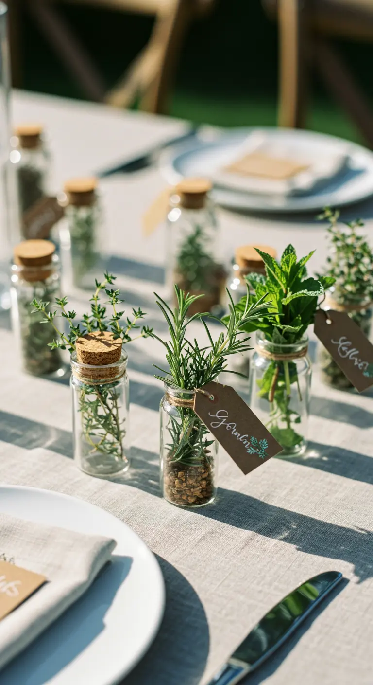 Petites fioles en verre avec des herbes aromatiques fraîches.