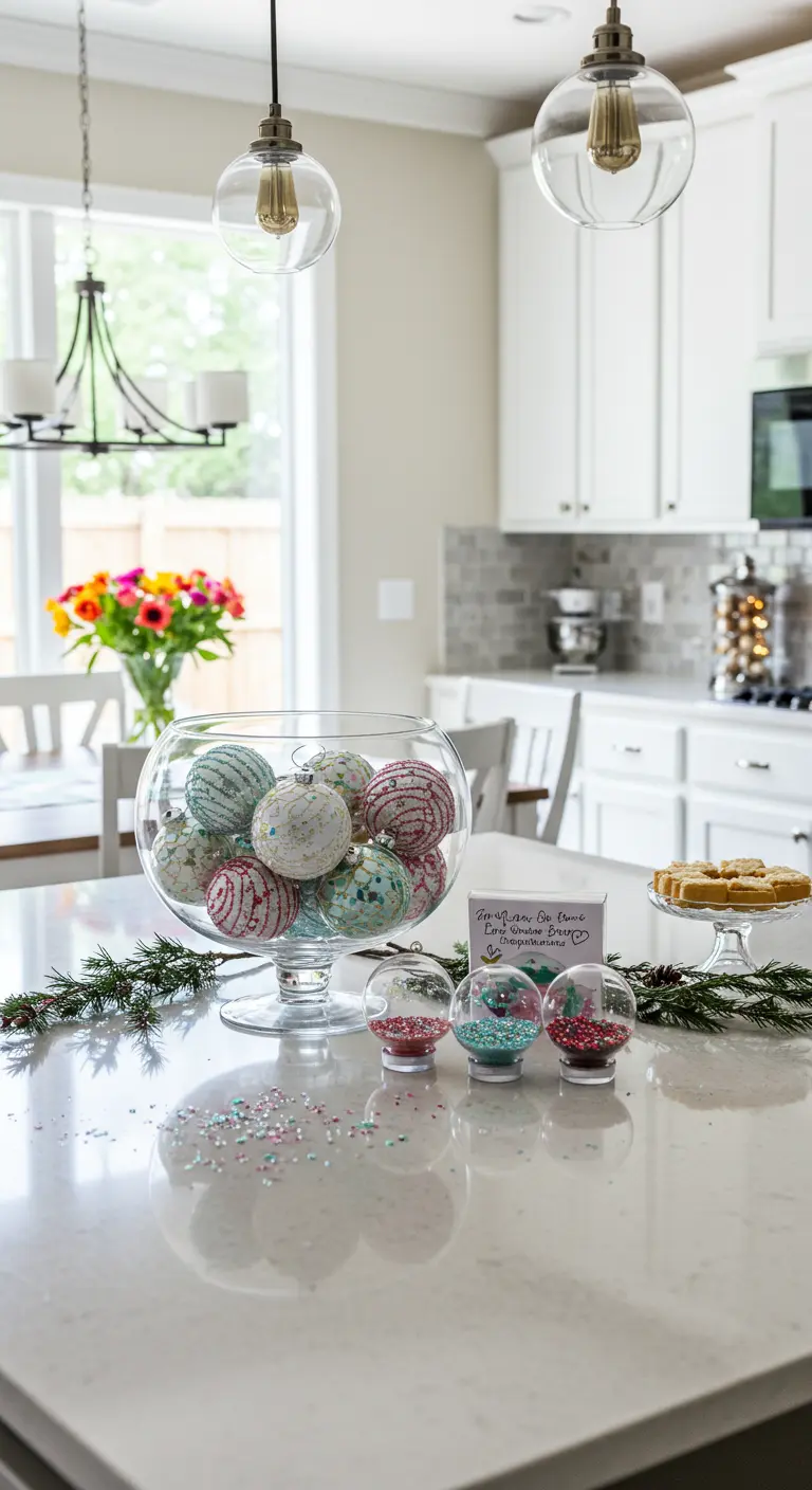 Boules de Noël dans un grand bol en verre sur un îlot de cuisine.